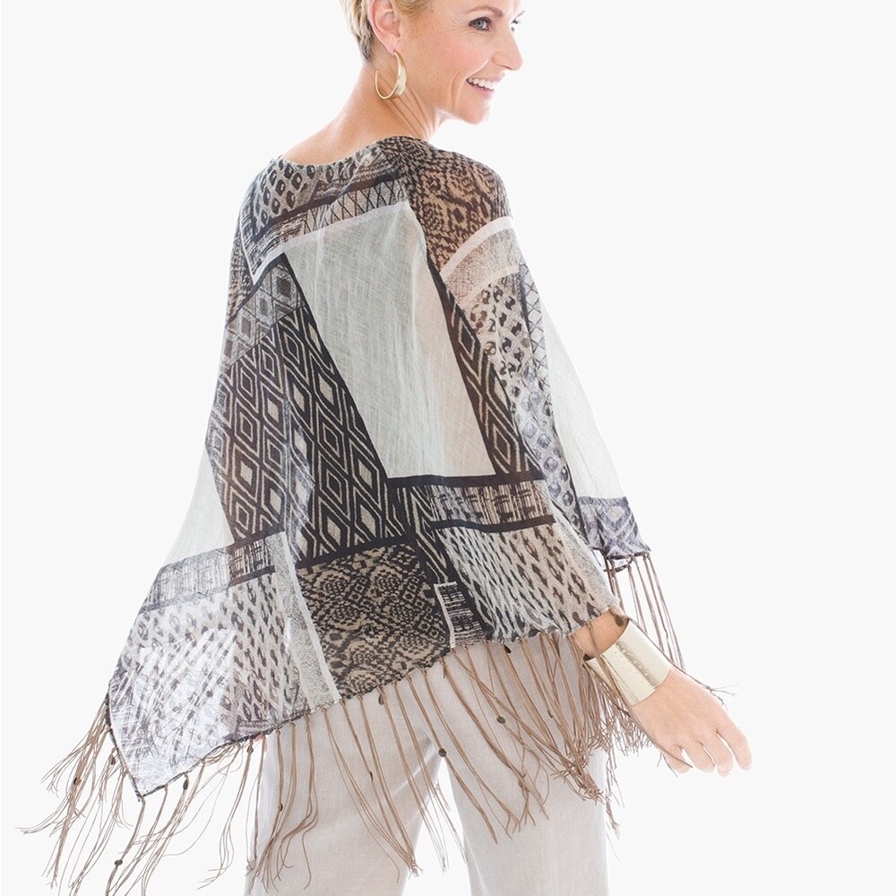 Chicos Ikat Frame Linen Poncho w/ Fringe